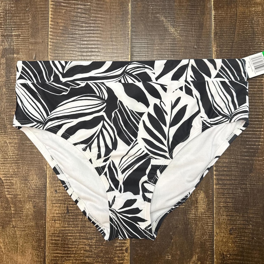 Aqua Couture Black & White Leaf Print High Waisted Bikini Bottoms